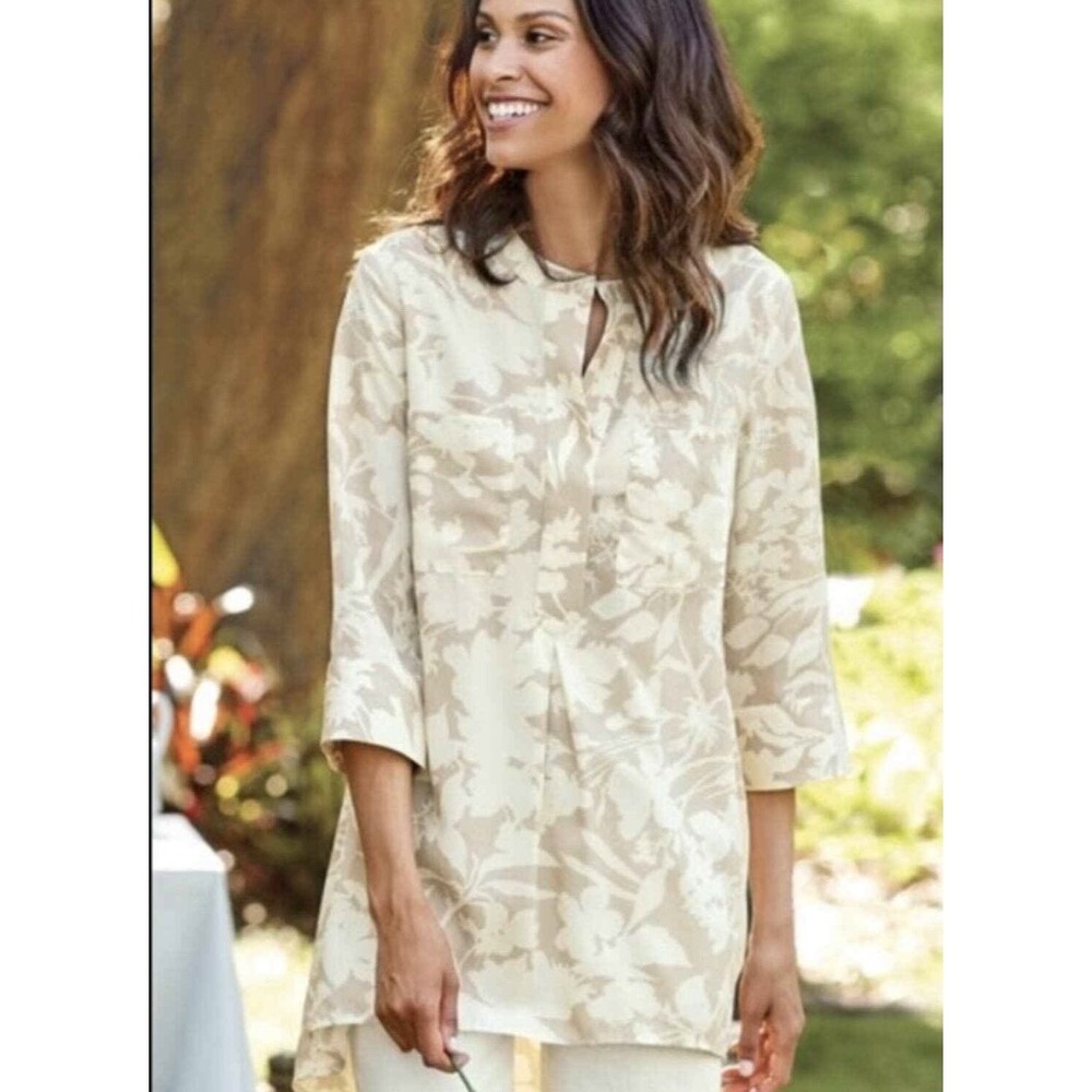 Soft Surroundings Roselyn Tencel Tunic Popover Top‎ Neutral Floral M/L Coastal